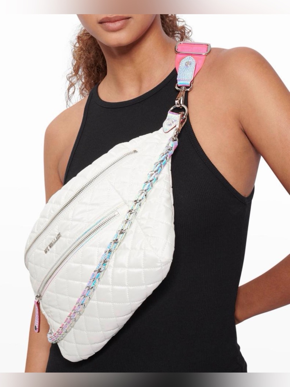 MZ Wallace White Quilted Crossbody Bag with Iridescent Pink Strap